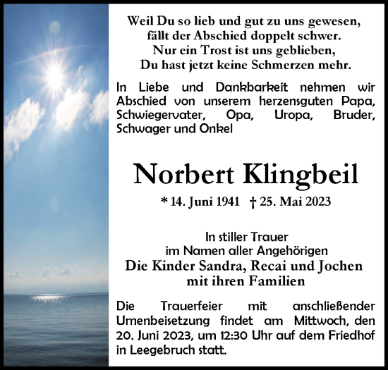 Traueranzeige von Norbert Klingbeil von Märkische Oderzeitung