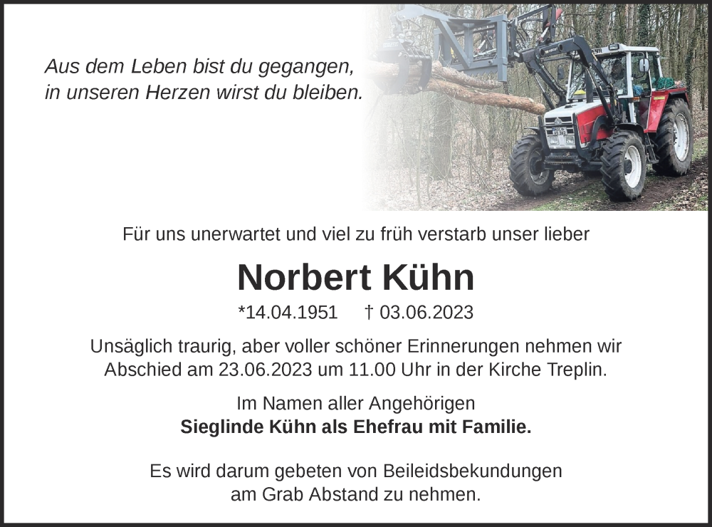  Traueranzeige für Norbert Kühn vom 17.06.2023 aus Märkische Oderzeitung