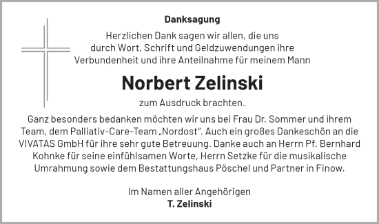 Traueranzeige von Norbert Zelinski von Märkische Oderzeitung