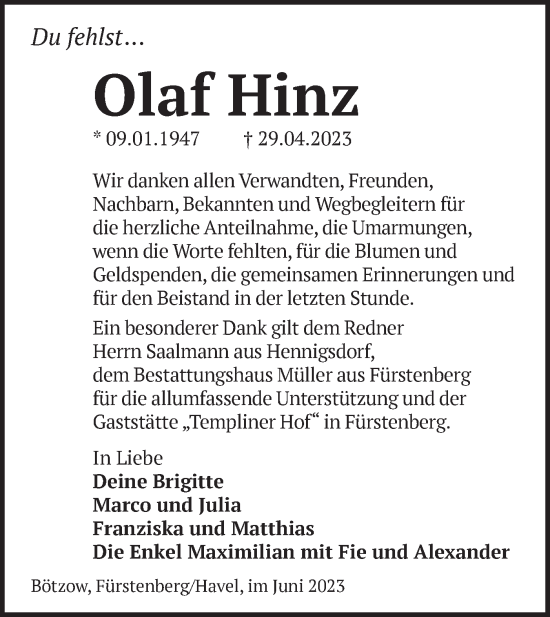 Traueranzeige von Olaf Hinz von Märkische Oderzeitung