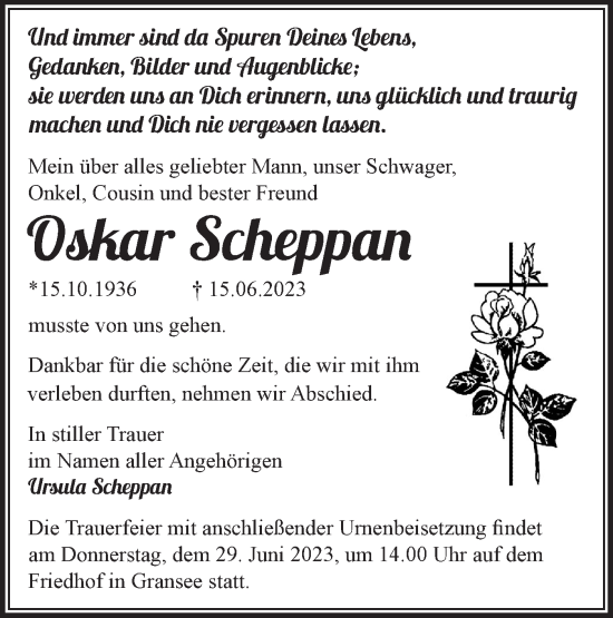 Traueranzeige von Oskar Scheppan von Märkische Oderzeitung