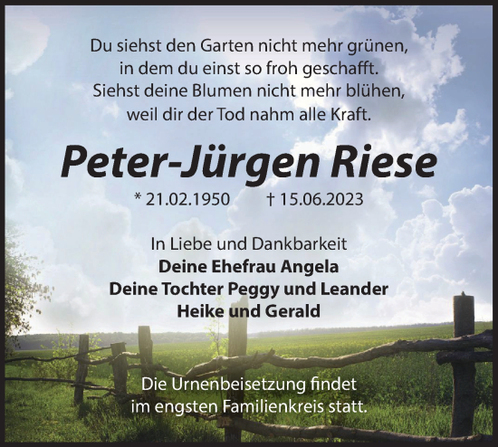 Traueranzeige von Peter-Jürgen Riese von Märkische Oderzeitung