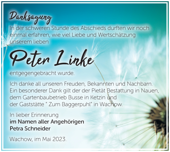 Traueranzeige von Peter Linke von Märkische Oderzeitung