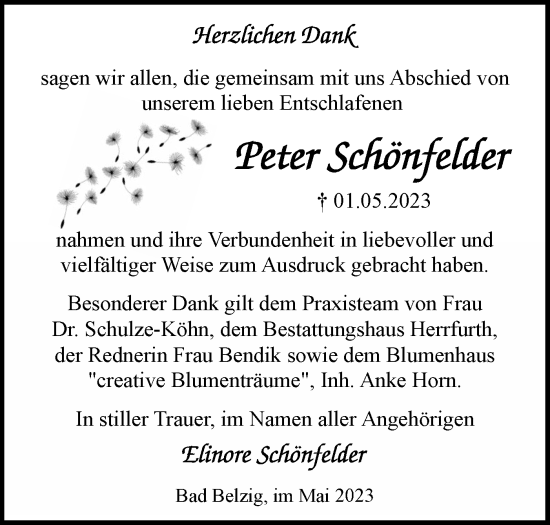 Traueranzeige von Peter Schönfelder von Märkische Oderzeitung