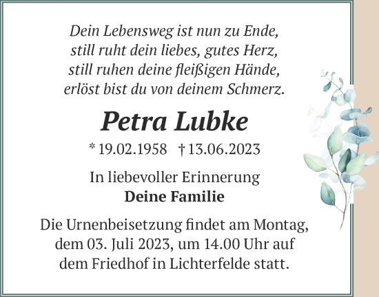 Traueranzeige von Petra Lubke von Märkische Oderzeitung