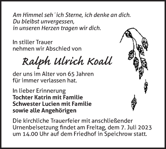 Traueranzeige von Ralph Ulrich Koall von Märkische Oderzeitung