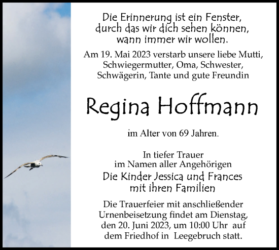 Traueranzeige von Regina Hoffmann von Märkische Oderzeitung