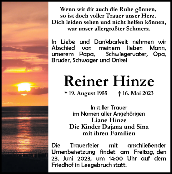 Traueranzeige von Reiner Hinze von Märkische Oderzeitung