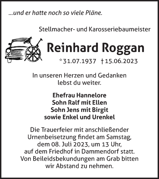 Traueranzeige von Reinhard Roggan von Märkische Oderzeitung