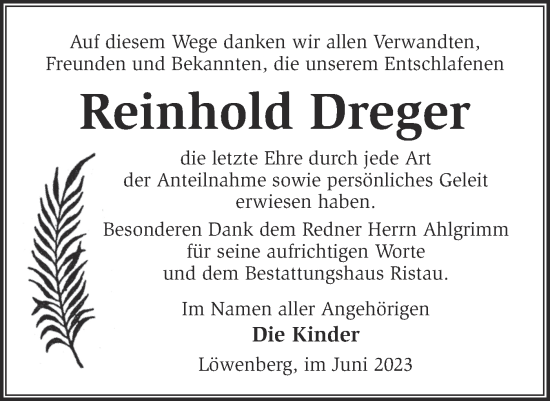 Traueranzeige von Reinhold Dreger von Märkische Oderzeitung