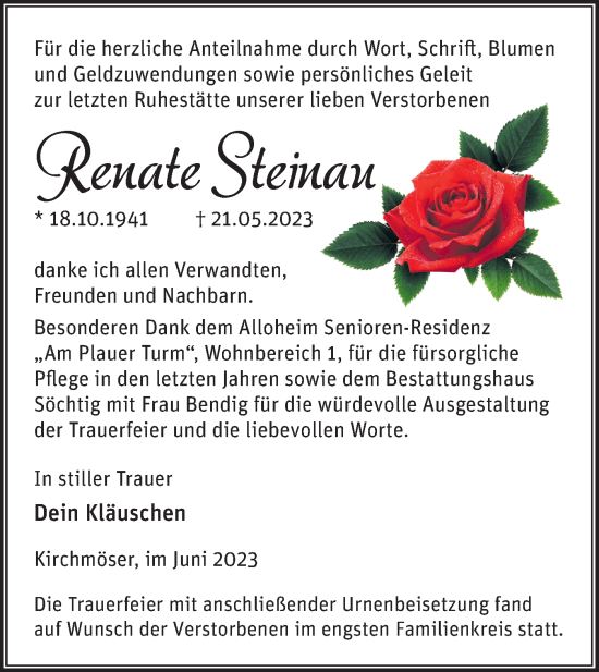 Traueranzeige von Renate Steinau von Märkische Oderzeitung