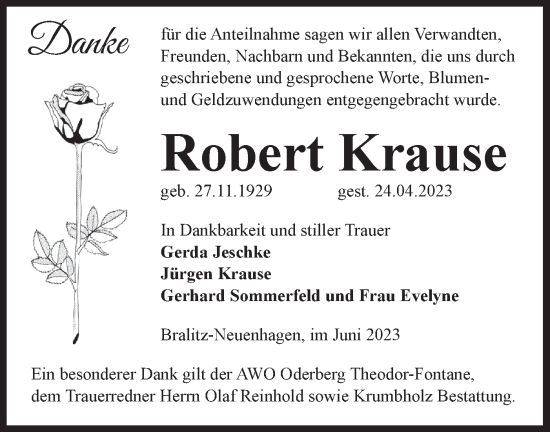 Traueranzeige von Robert Krause von Märkische Oderzeitung