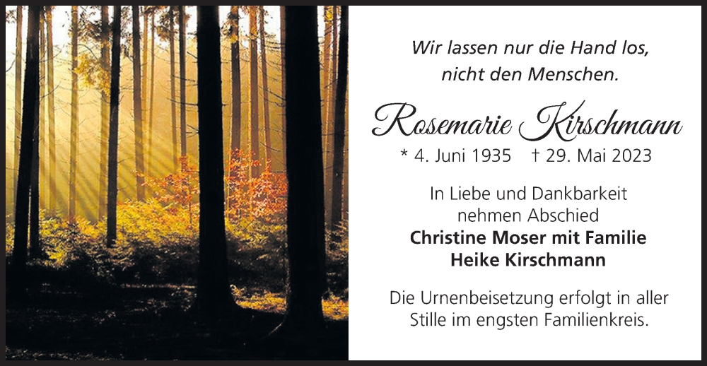  Traueranzeige für Rosemarie Kirschmann vom 03.06.2023 aus Märkische Oderzeitung
