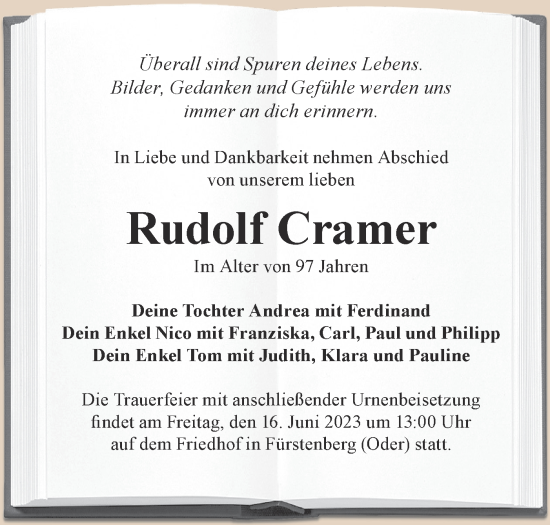Traueranzeige von Rudolf Cramer von Märkische Oderzeitung