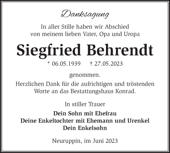 Traueranzeige von Siegfried Behrendt von Märkische Oderzeitung