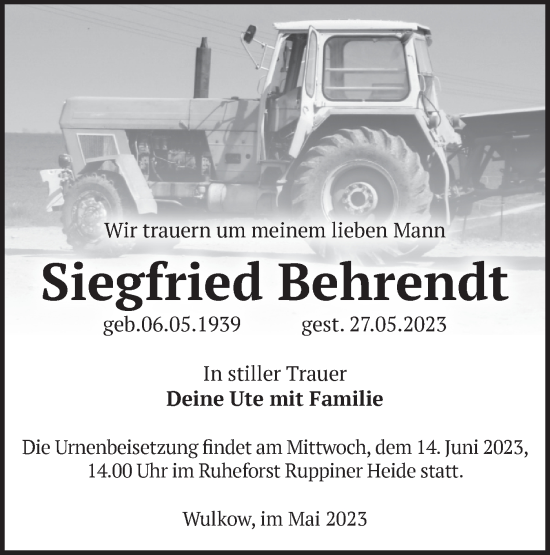 Traueranzeige von Siegfried Behrendt von Märkische Oderzeitung