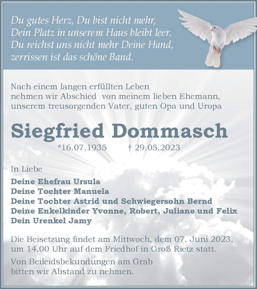  Traueranzeige für Siegfried Dommasch vom 03.06.2023 aus Märkische Oderzeitung