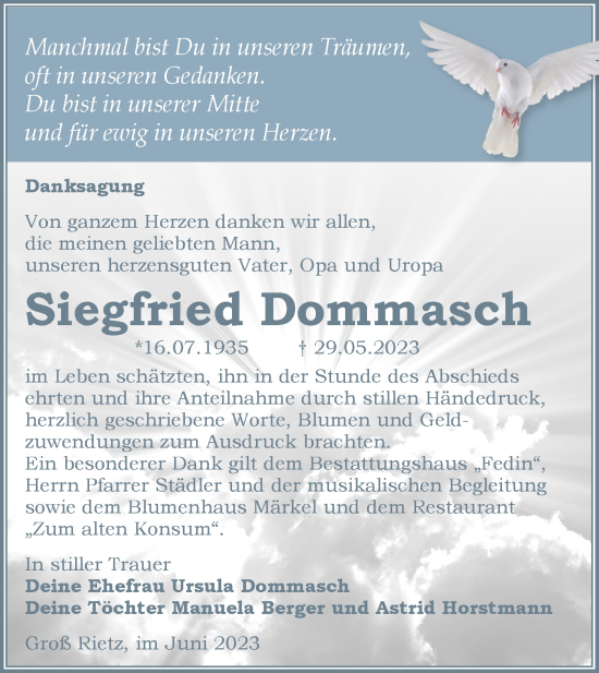 Traueranzeige von Siegfried Dommasch von Märkische Oderzeitung