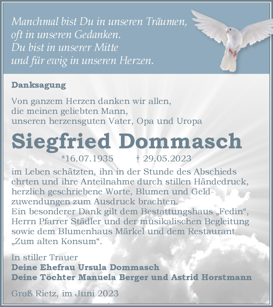  Traueranzeige für Siegfried Dommasch vom 17.06.2023 aus Märkische Oderzeitung