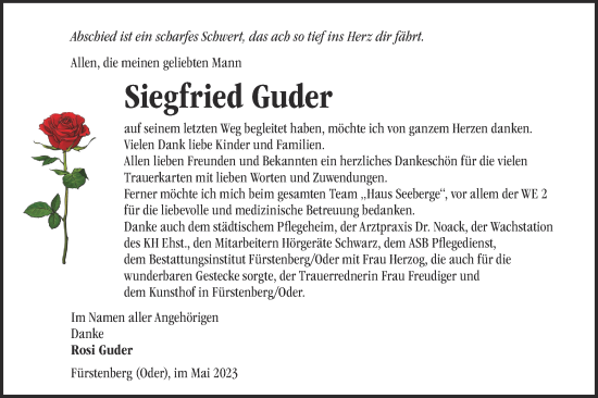 Traueranzeige von Siegfried Guder von Märkische Oderzeitung