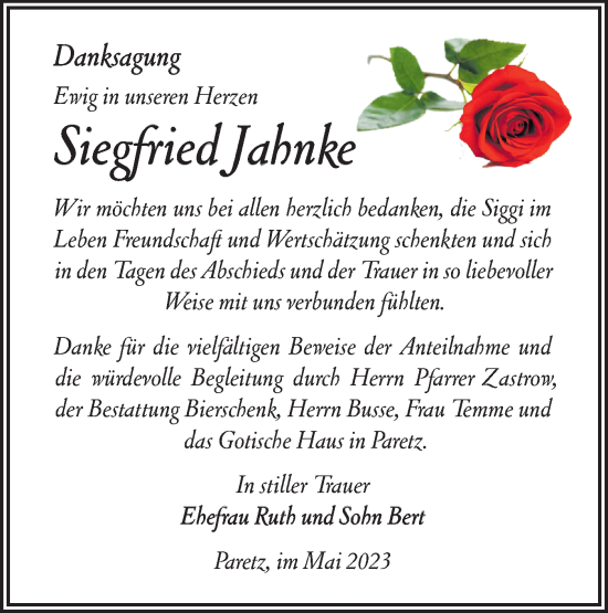 Traueranzeige von Siegfried Jahnke von Märkische Oderzeitung