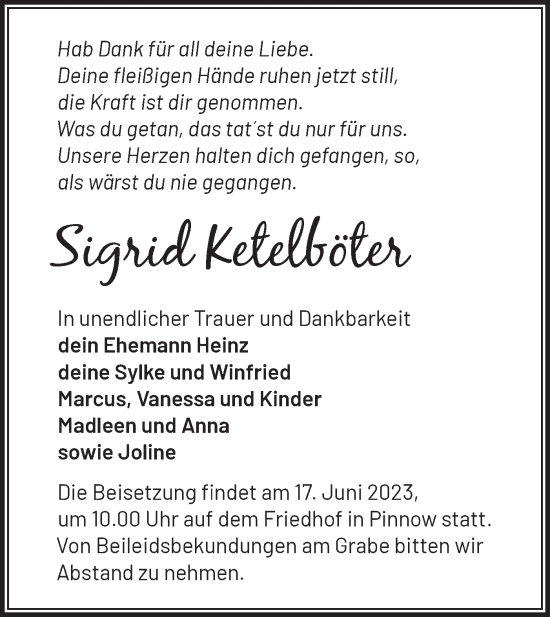 Traueranzeige von Sigrid Ketelböter von Märkische Oderzeitung