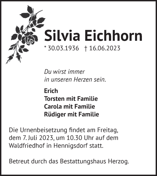 Traueranzeige von Silvia Eichhorn von Märkische Oderzeitung