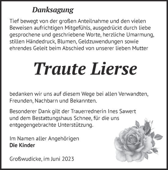 Traueranzeige von Traute Lierse von Märkische Oderzeitung