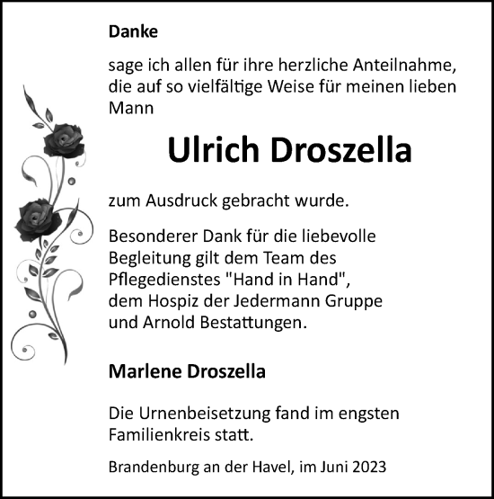 Traueranzeige von Ulrich Droszella von Märkische Oderzeitung
