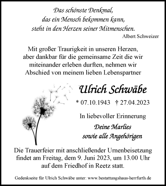 Traueranzeige von Ulrich Schwäbe von Märkische Oderzeitung