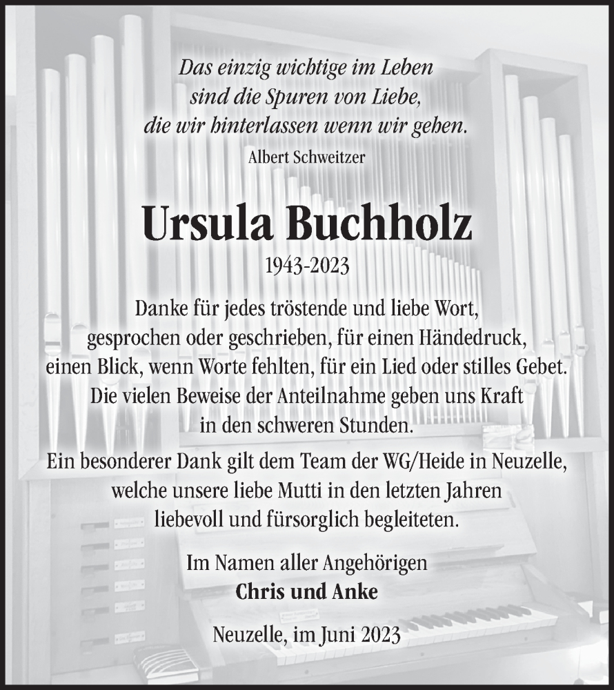  Traueranzeige für Ursula Buchholz vom 24.06.2023 aus Märkische Oderzeitung