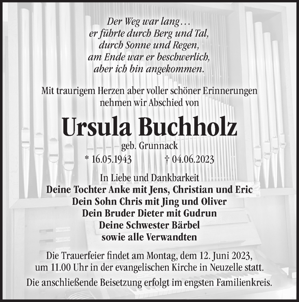  Traueranzeige für Ursula Buchholz vom 08.06.2023 aus Märkische Oderzeitung