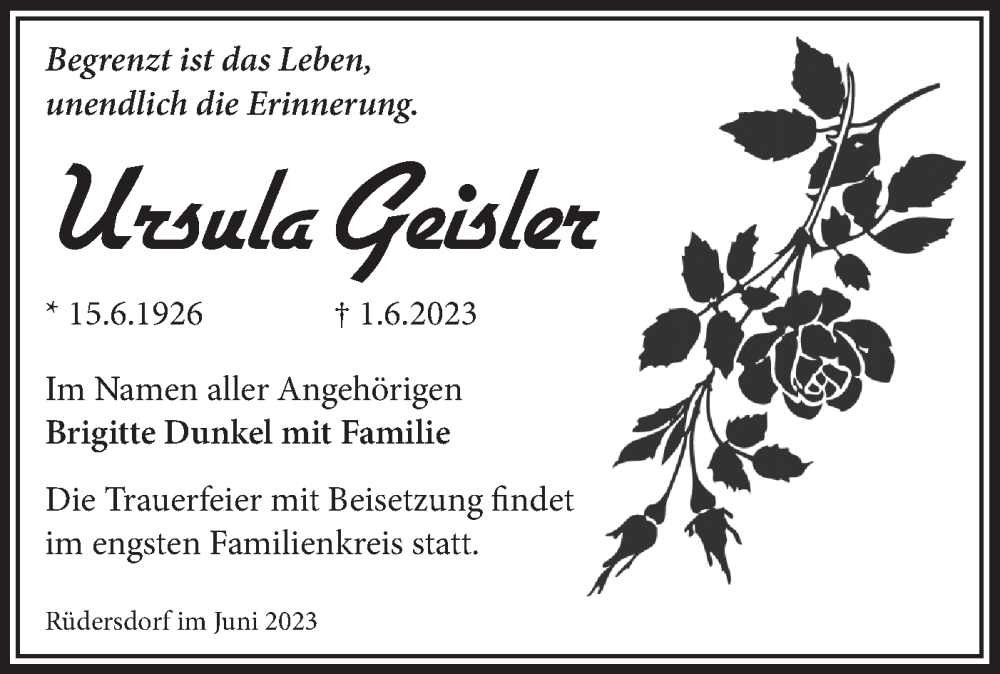  Traueranzeige für Ursula Geisler vom 06.06.2023 aus Märkische Oderzeitung