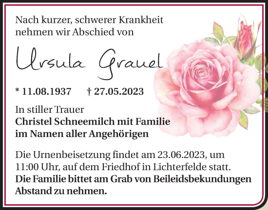 Traueranzeige von Ursula Grauel von Märkische Oderzeitung