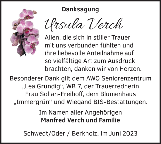 Traueranzeige von Ursula Verch von Märkische Oderzeitung