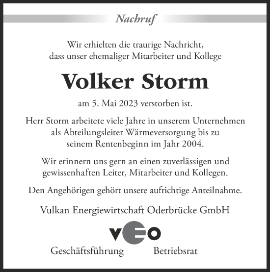 Traueranzeige von Volker Storm von Märkische Oderzeitung