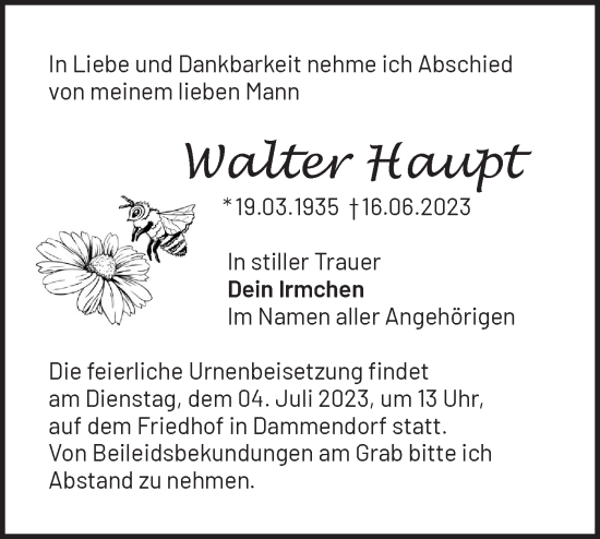 Traueranzeige von Walter Haupt von Märkische Oderzeitung