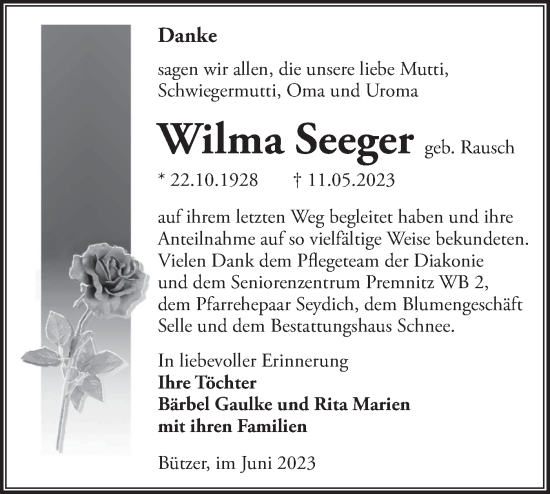 Traueranzeige von Wilma Seeger von Märkische Oderzeitung