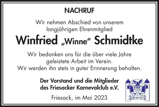 Traueranzeige von Winfried Schmidtke von Märkische Oderzeitung