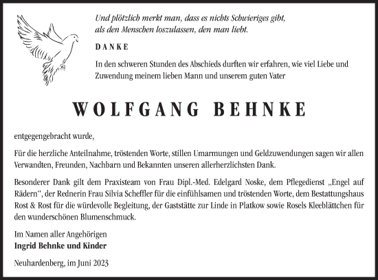 Traueranzeige von Wolfgang Behnke von Märkische Oderzeitung