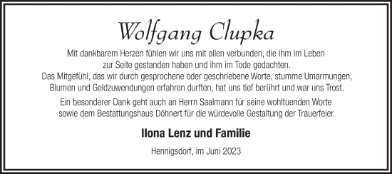 Traueranzeige von Wolfgang Clupka von Märkische Oderzeitung