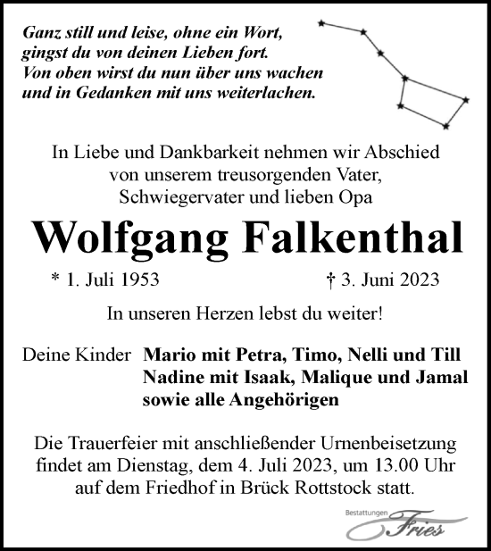 Traueranzeige von Wolfgang Falkenthal von Märkische Oderzeitung