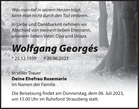 Traueranzeige von Wolfgang Georgés von Märkische Oderzeitung