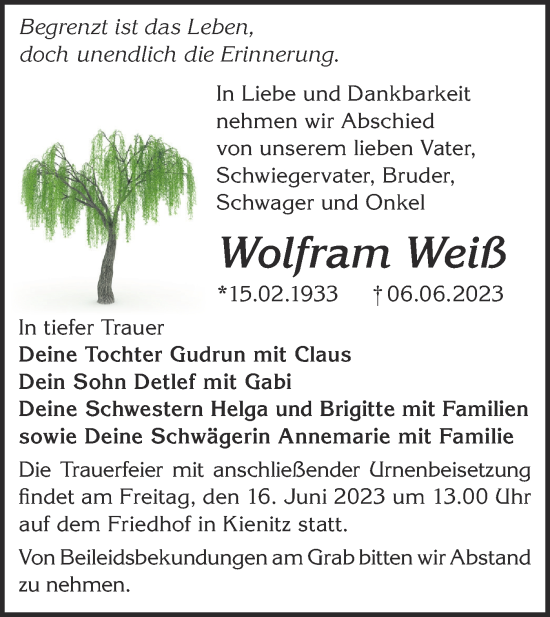 Anzeige Wolfram Weiß