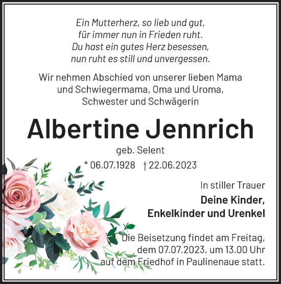 Traueranzeige von Albertine Jennrich von Märkische Oderzeitung