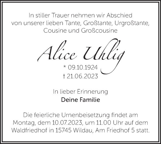 Traueranzeige von Alice Uhlig von Märkische Oderzeitung