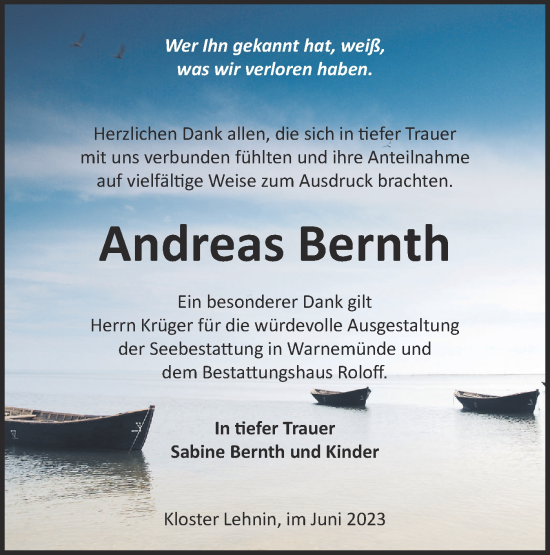 Traueranzeige von Andreas Bernth von Märkische Oderzeitung