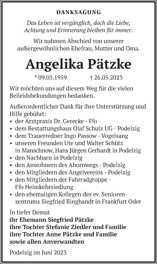 Traueranzeige von Angelika Pätzke von Märkische Oderzeitung