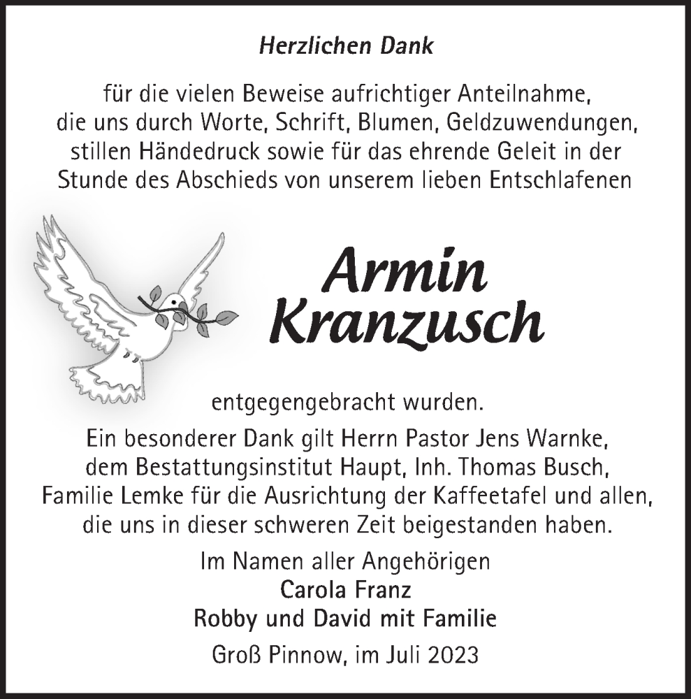  Traueranzeige für Armin Kranzusch vom 08.07.2023 aus Märkische Oderzeitung