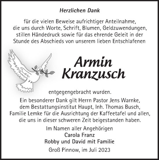 Traueranzeige von Armin Kranzusch von Märkische Oderzeitung